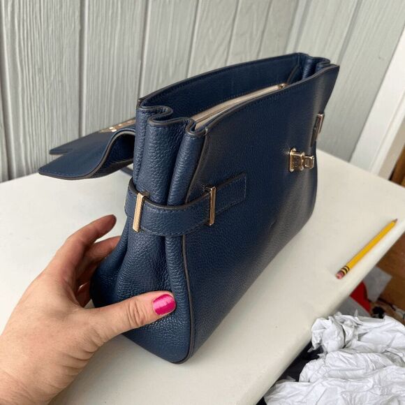 Michael Kors Navy Leather Satchel Crossbody Bag Gold Hardware Top Handle - Picture 11 of 15